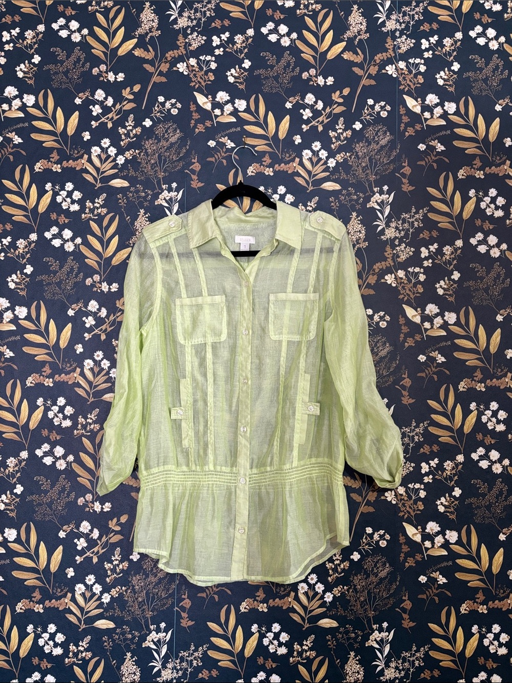 Chico's Sheer Lime Green Utility Button-Front Blouse Size 1 or M